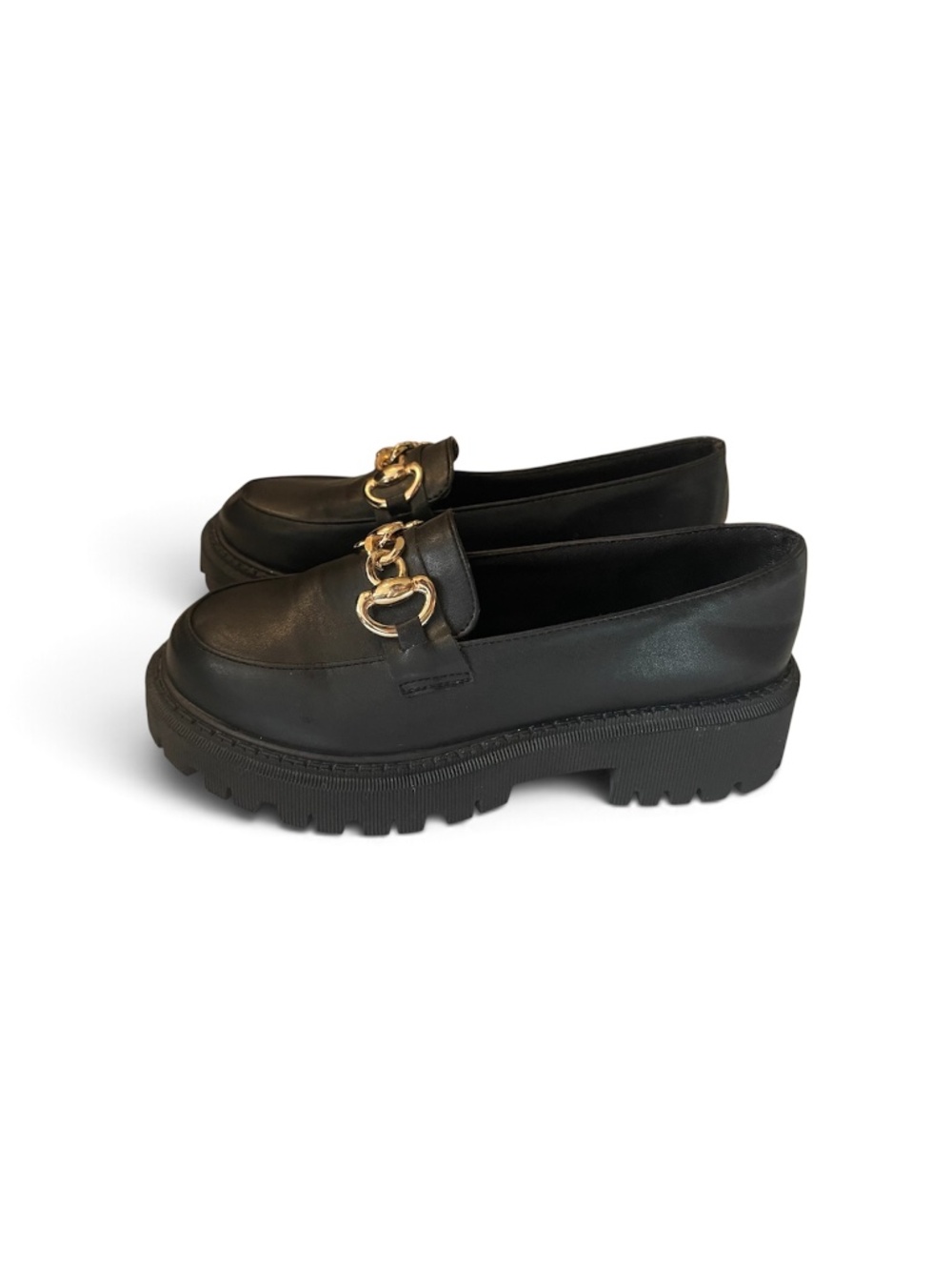 Black Chunky Platform Loafers Gold Chain Accent Slip On Shoes